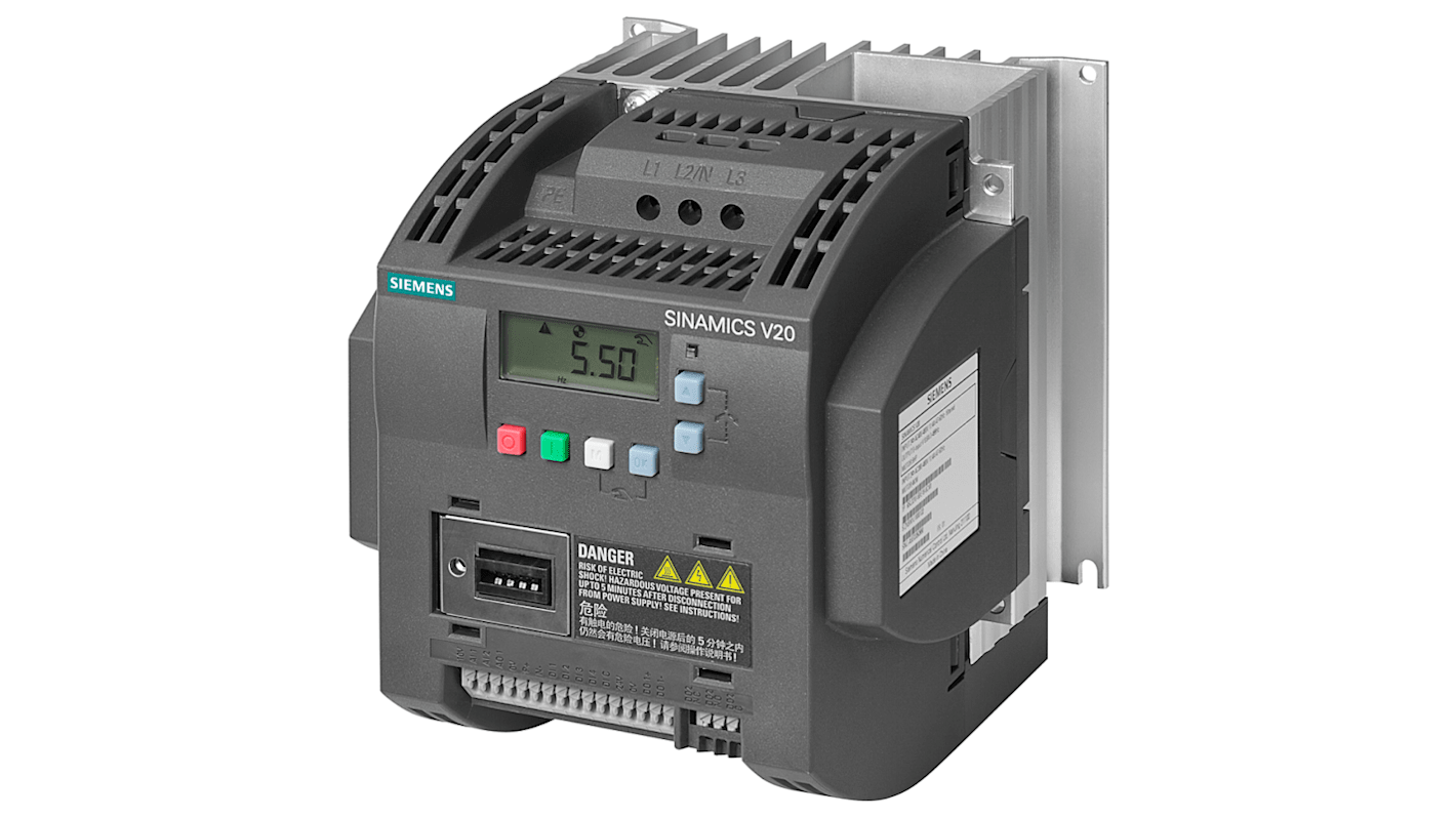 Variador de frecuencia Siemens serie SINAMICS V20, 3 kW, 380 → 480 V ac, 3 fases, 7,3 A, 0 → 550Hz, IP20,