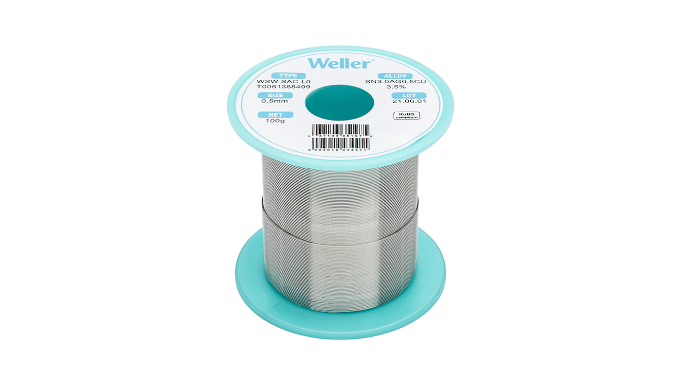 Weller 焊锡丝, 无铅焊锡, 0.5mm直径, 0%铅, +217 → +221°C熔点, L0助焊剂, WSW SAC L0