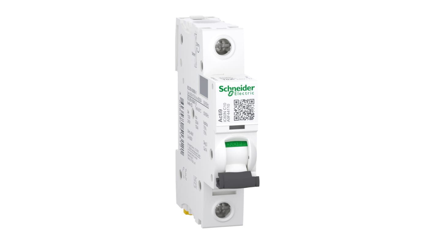 Schneider Electric Acti 9 iC60N MCB, 1P, 10A Curve C, 100 → 133V AC, 12 → 48V DC, 6 kA Breaking Capacity