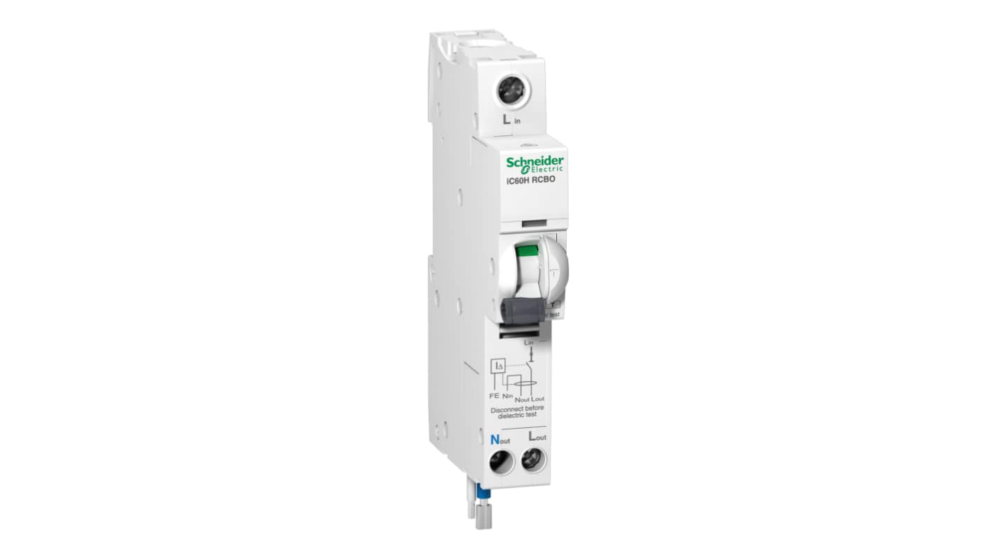 Schneider Electric RCBO, 20A Current Rating, 1P+N Poles, 10mA Trip Sensitivity, Type C, Acti 9 Range