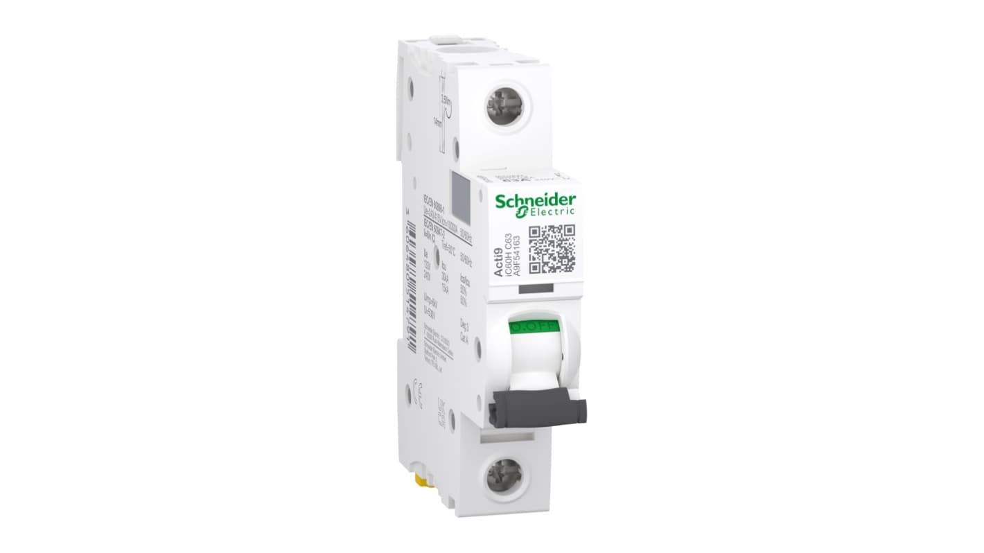 Schneider Electric Acti 9 iC60H MCB, 1P, 63A Curve C, 100 → 133V AC, 72V DC, 10 kA Breaking Capacity