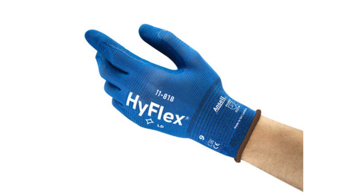 Ansell HyFlex 11-818 Blue Nylon, Spandex General Purpose Work Gloves, Size 10, Nitrile Foam Coating