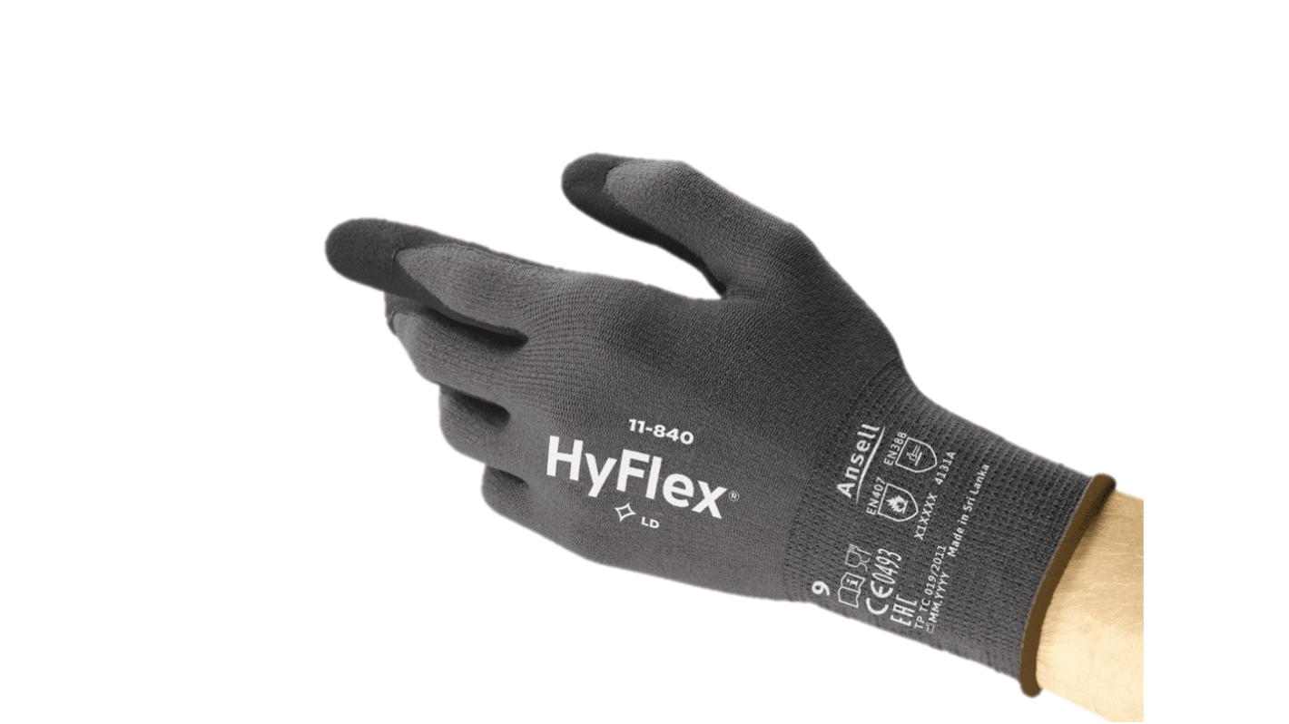 Guantes de trabajo de Nailon, Spandex Gris Ansell serie HyFlex 11-840, talla 10, con recubrimiento de Nitrilo, Uso