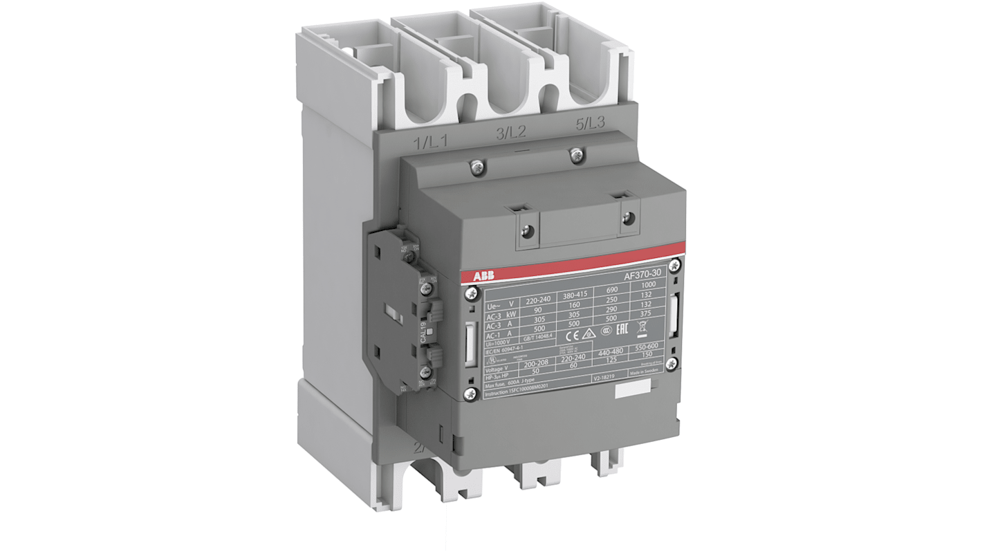 ABB AF370 AF Contactor, 24 V ac/dc Coil, 3-Pole, 600 A, 200 kW, 3NO, 690 V ac