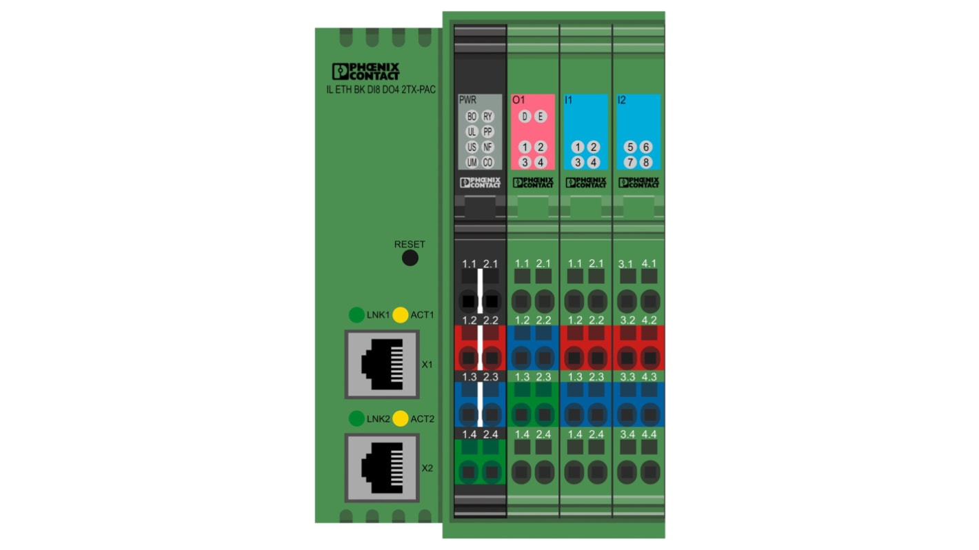 Phoenix Contact IL ETH BK DI8 DO4 2TX-PAC Series Bus Coupler for Use with Modbus/TCP(UDP) Protocol, Digital, Digital