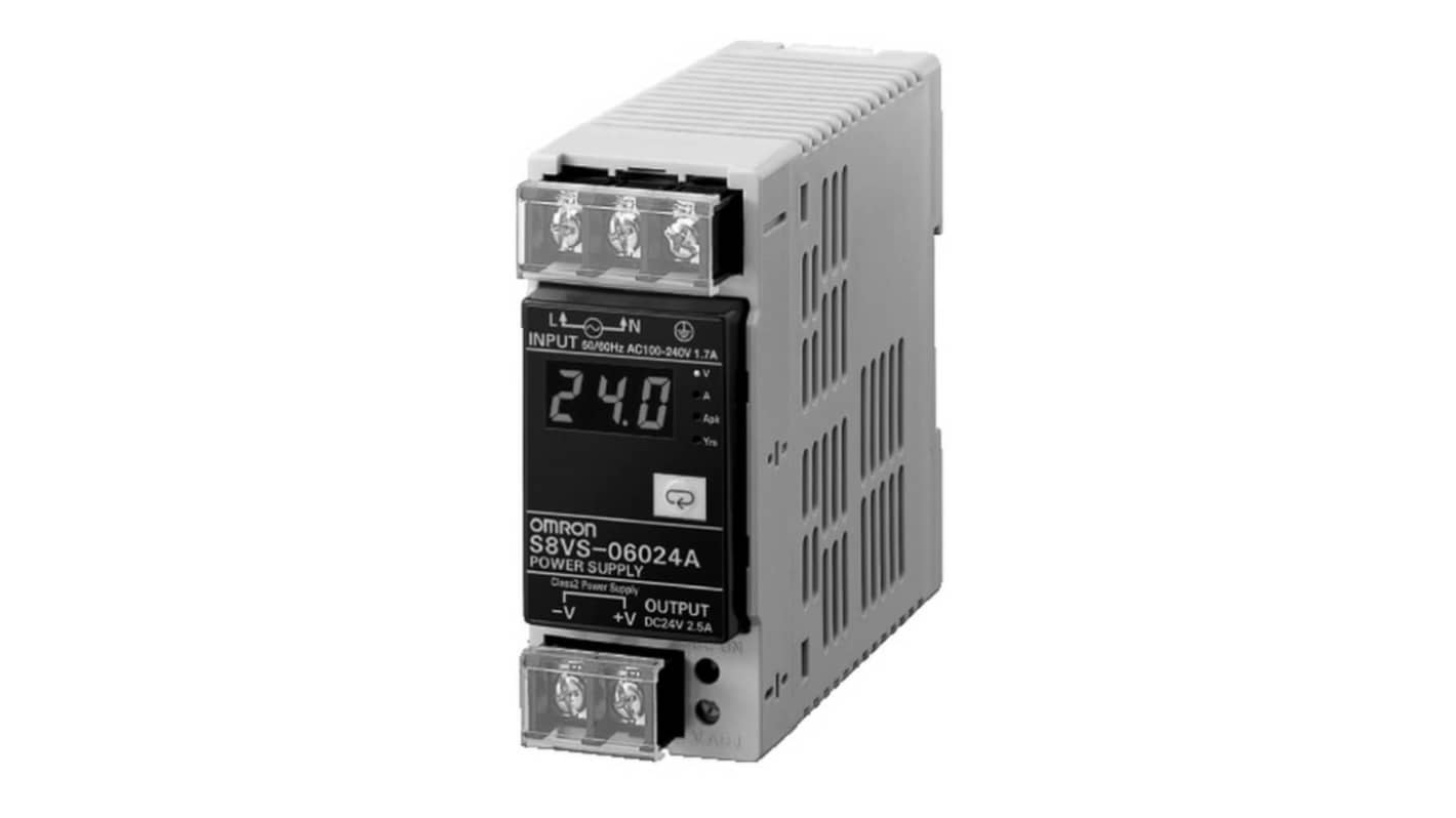 Omron S8VS Switched Mode DIN Rail Power Supply, 100 → 240V ac Input, 24V dc dc Output, 2.5A Output, 60W