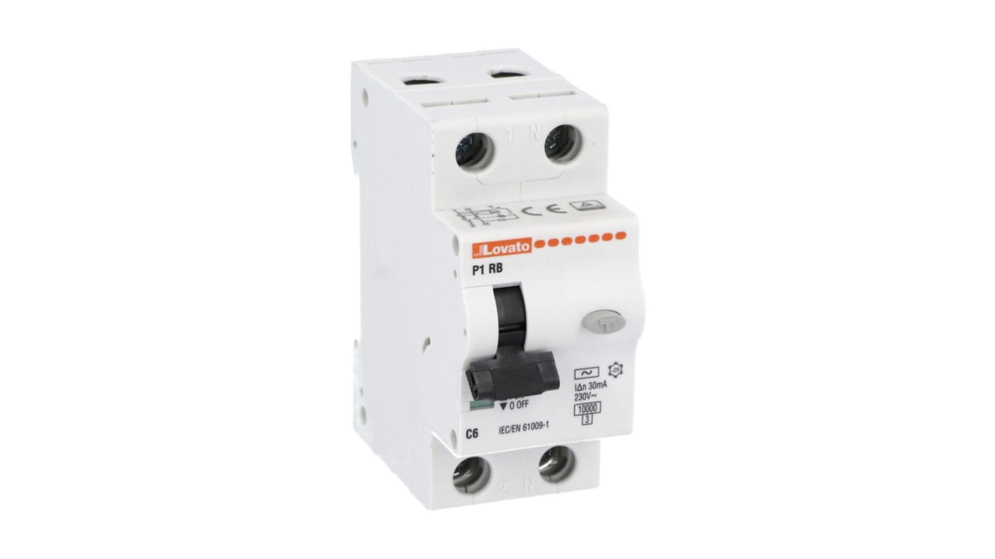 Lovato RCBO, 6A Current Rating, 1P+N Poles, 30mA Trip Sensitivity, Type C