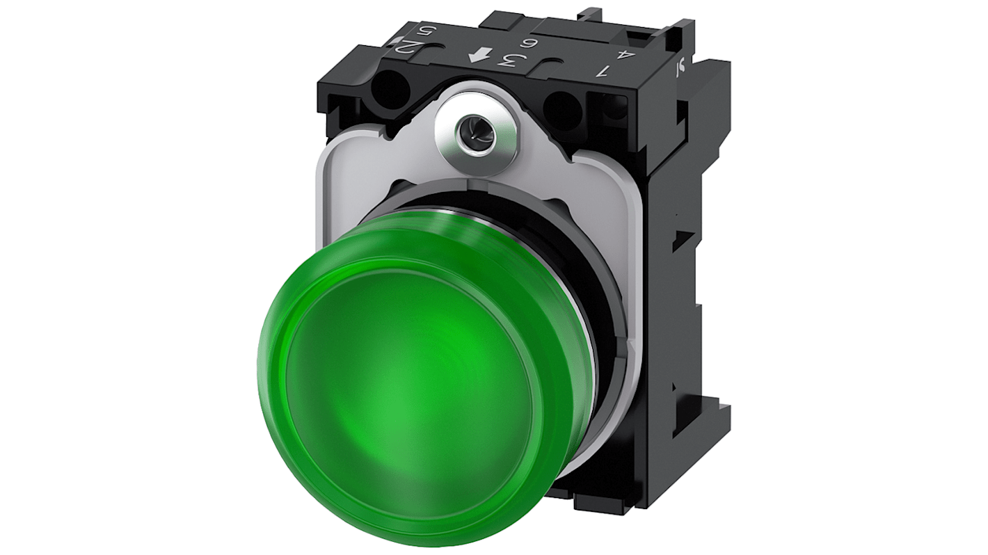 Siemens, SIRIUS ACT 3SU11, Panel Mount Green LED Pilot Light, 22mm Cutout, IP66, IP67, IP69(IP69K), Round, 24V ac/dc
