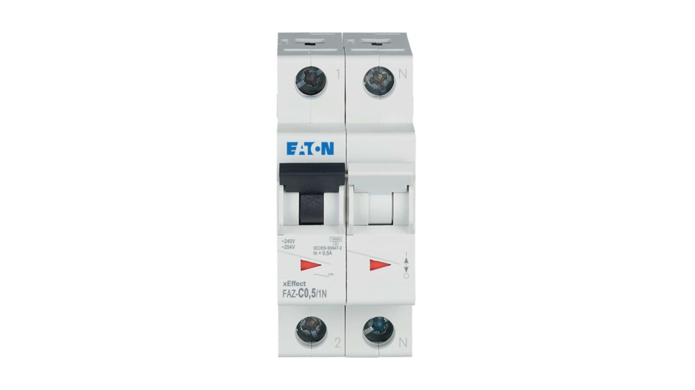 Disjoncteur Eaton 1P+N, 0.5A, pouvoir de coupure 10 kA, montage rail DIN
