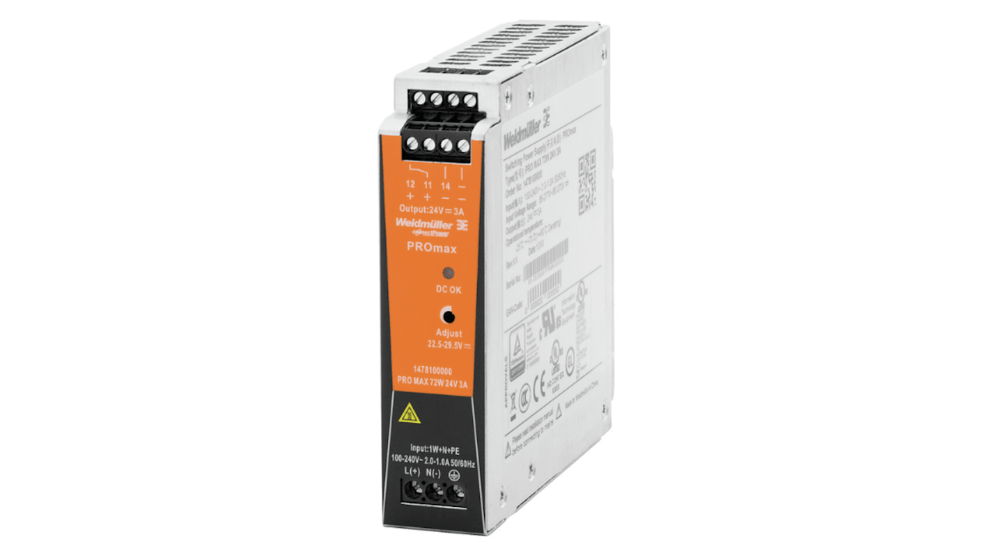 Weidmüller PRO MAX PROmax Getaktet DIN-Schienen Netzteil 72W, 85 → 277 V ac / 80 → 370V dc, 24V dc / 3A