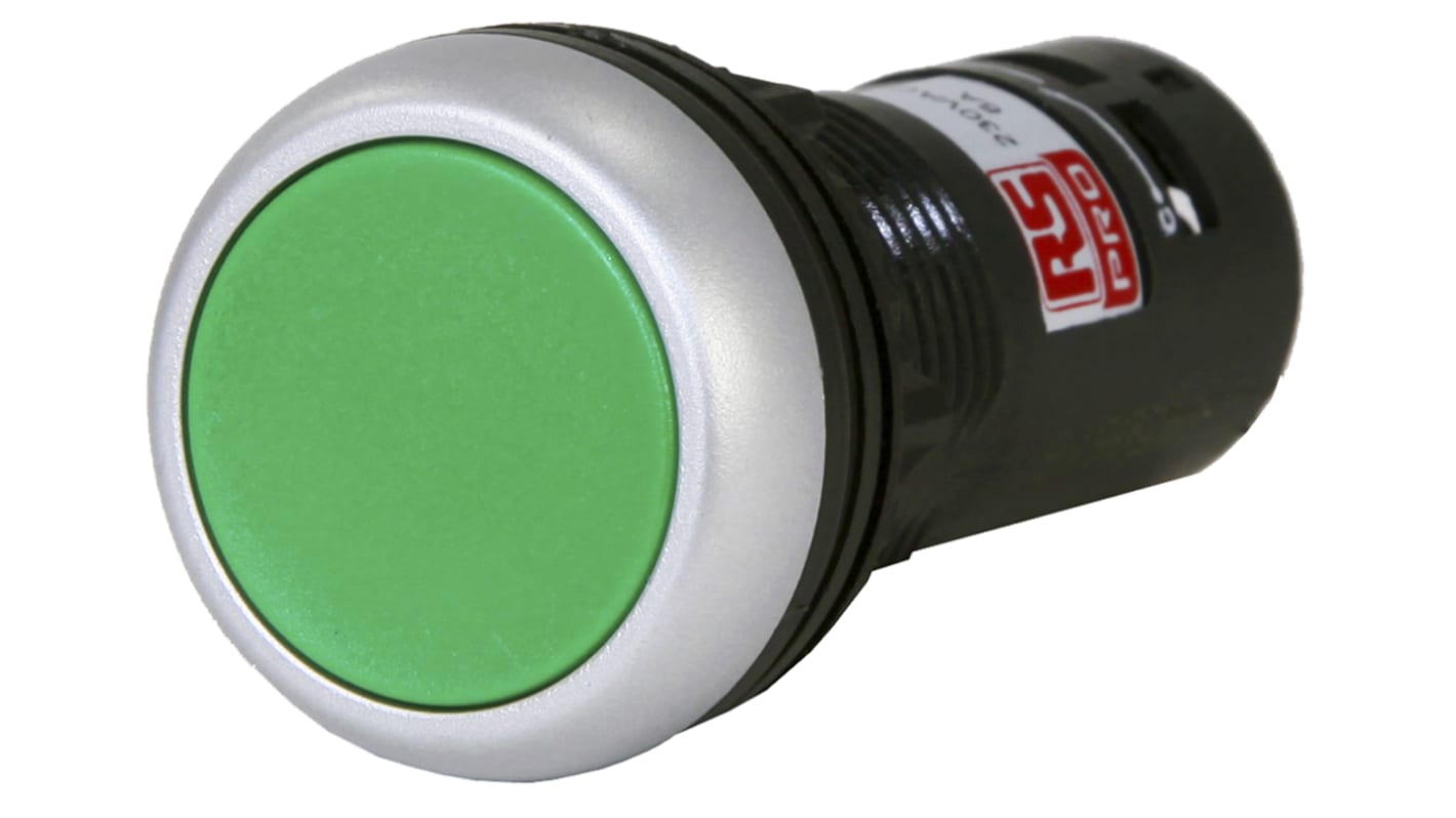 RS PRO 按钮开关, Φ22mm开孔, 面板安装, 绿色圆形塑料, 单刀单掷, IP65