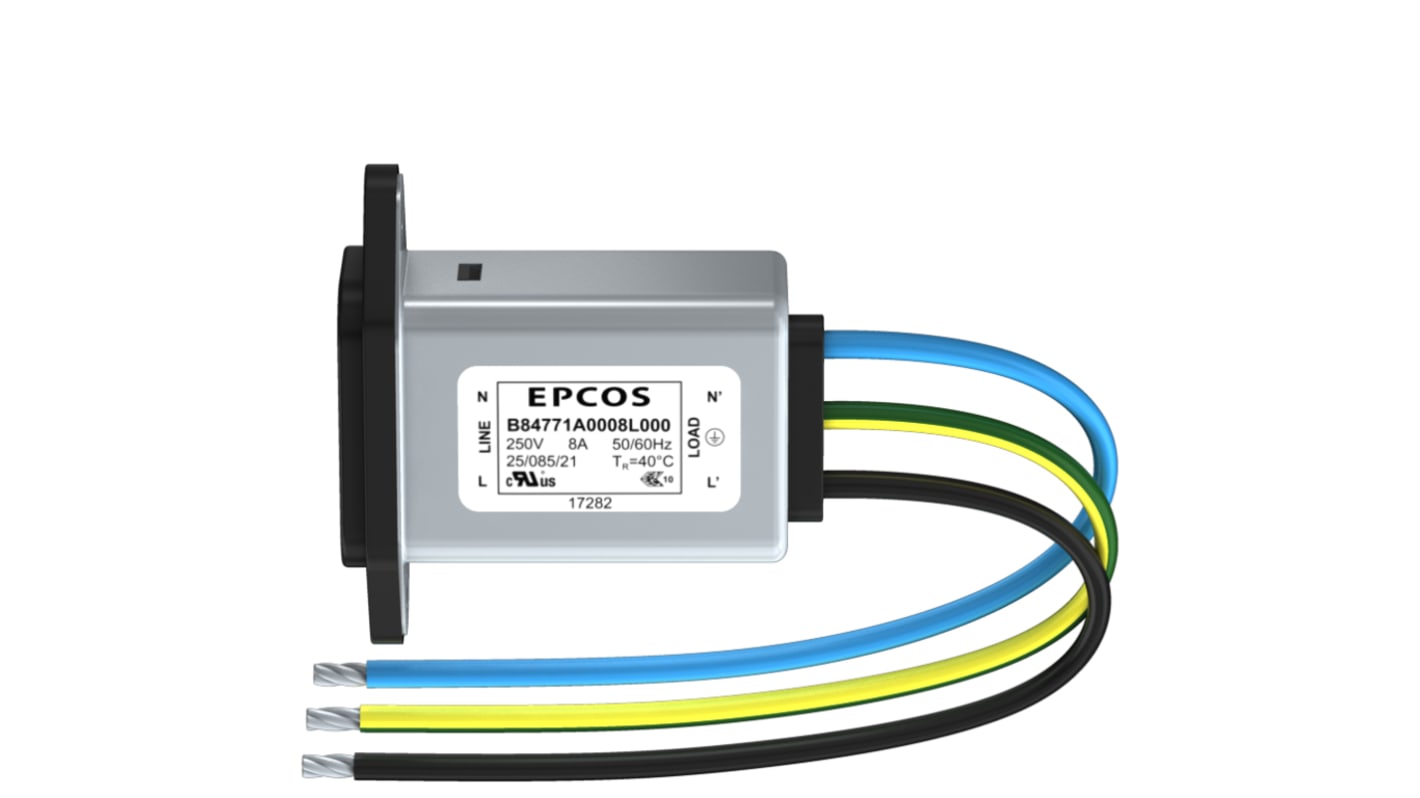 EPCOS 15A 250 V ac/dc Han IEC-indløbsfilter, Panelmontering montering, Kabel