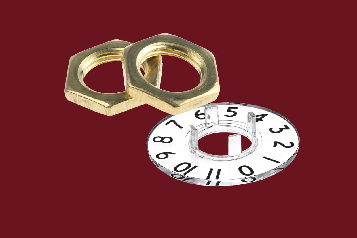 Potentiometer Numbered Dial and gold mounting nut