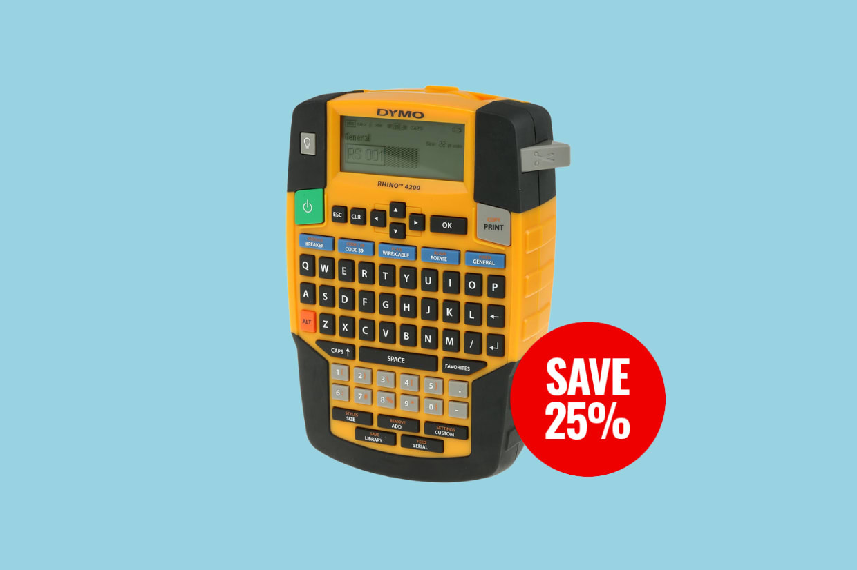 Image of a Dymo label printer with a 25% off discount flag.