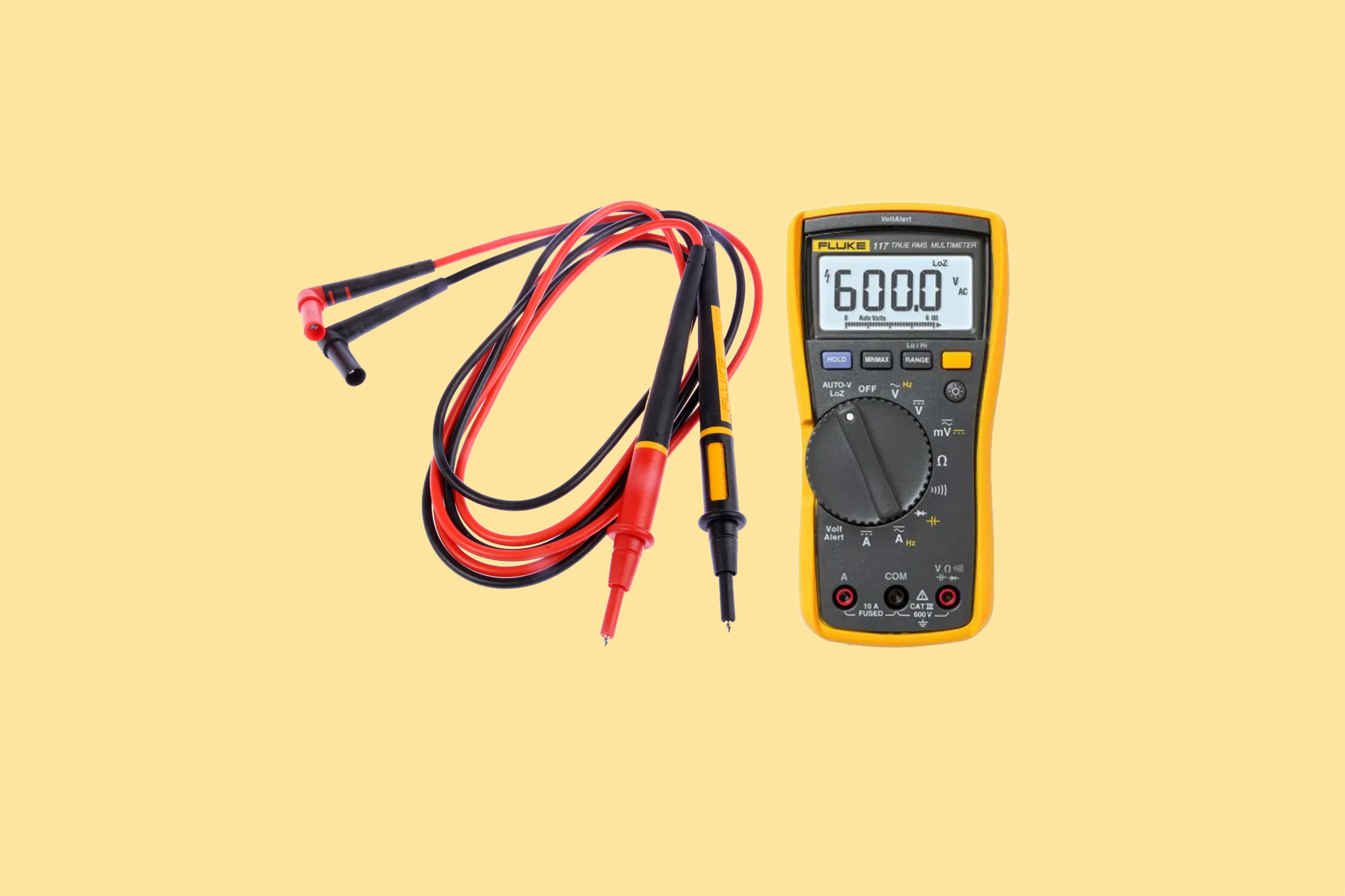 Fluke Multimeter and Test Leads with yellow background