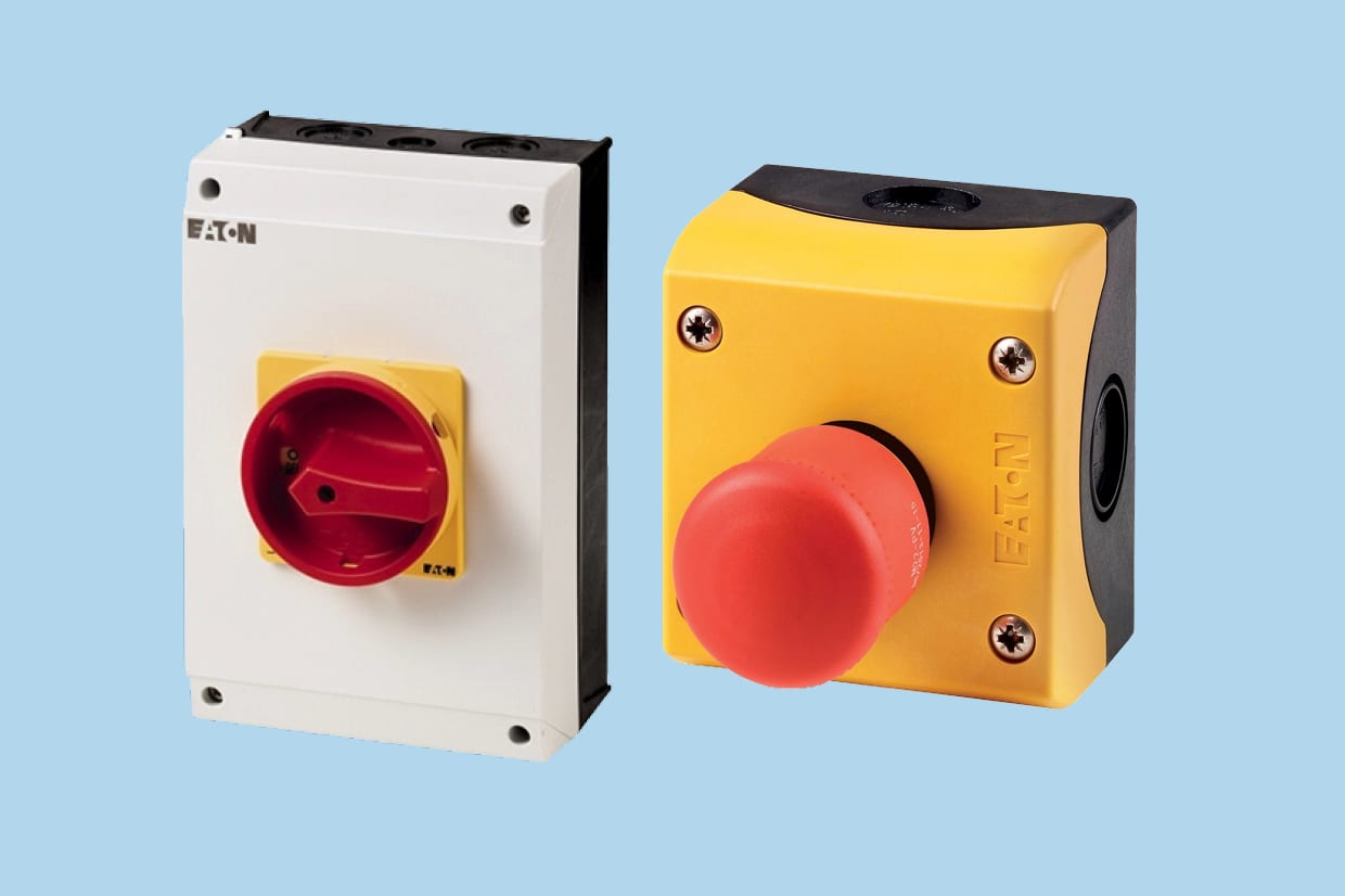 Eaton isolator switch and emergency stop push button on a blue background