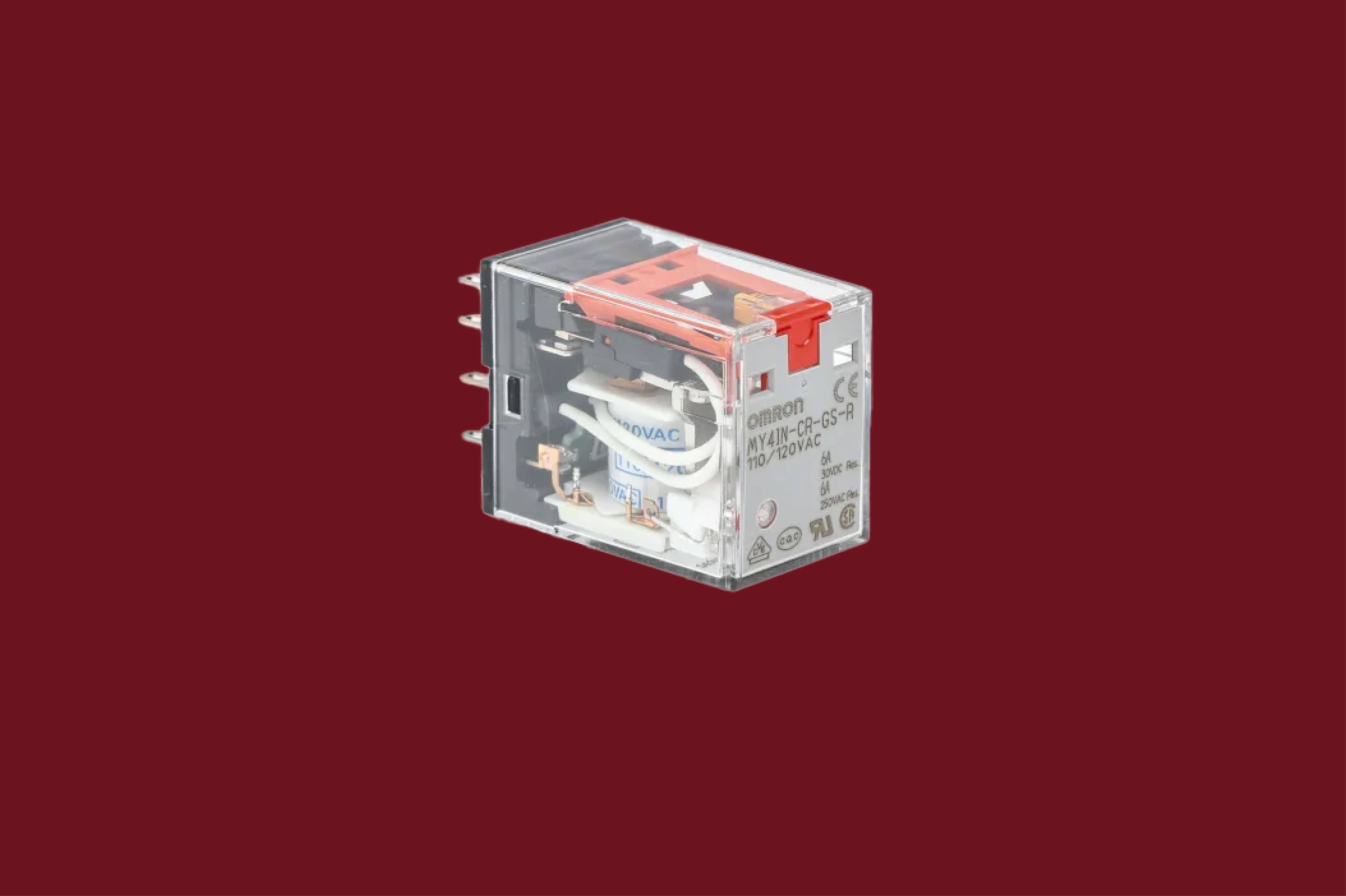 Dark red background with a white power relay