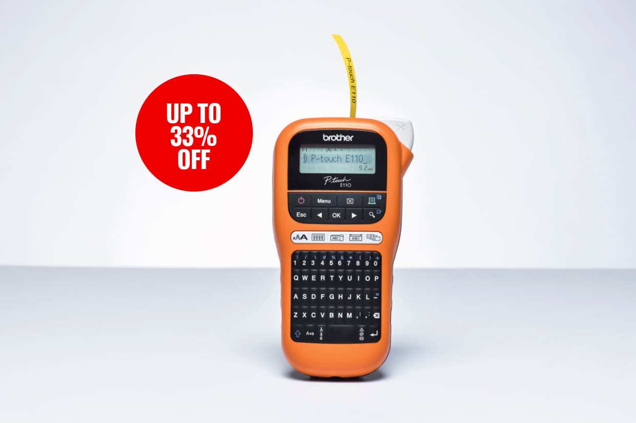 Brother label printers with a discount flag showing up to 33% off.
