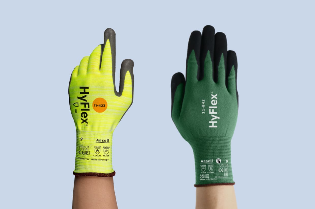 An Ansell cut resistant glove next to a  general purpose glove