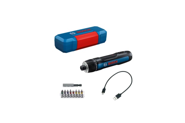Set of a blue cordless screwdriver and bits