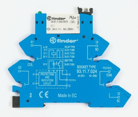 Finder 接口继电器, 38 Series系列, 线圈电压 12V 直流, 触点配置 单刀双掷, DIN 导轨