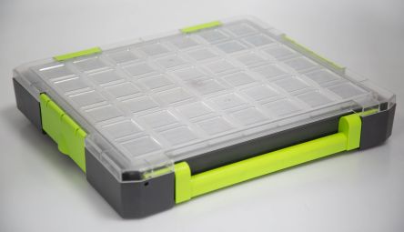 RS PRO 零件收纳盒, 21储物格, 375mm x 425mm x 70mm, 带透明盖板, 聚丙烯 (PP), 透明， 灰色， 绿色