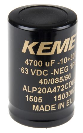 KEMET ALP20 Leiterplattenmontage Aluminium-Elektrolyt Kondensator 4700μF -10 → +30% / 63V Dc, Ø 35mm X 55mm X