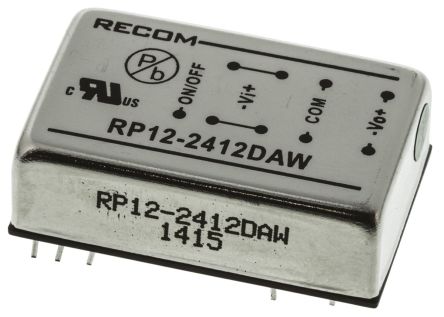 Recom RP12-AW DC-DC Converter, ±12V Dc/ ±500mA Output, 9 → 36 V Dc Input, 12W, Through Hole, +65°C Max Temp