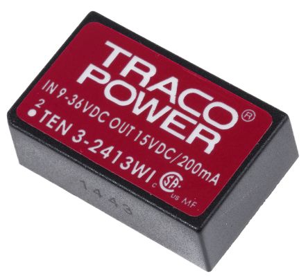 TRACOPOWER TEN 3WI DC/DC-Wandler 3W 24 V Dc IN, 15V Dc OUT / 200mA 1.5kV Dc Isoliert