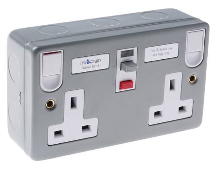 Theben / Timeguard Tripfast 13A, BS Fixing, Passive, 2 Gang RCD Socket, Steel, Surface Mount, Switched, 230V ac, Silver