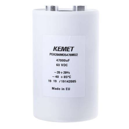 KEMET PEH200, Schraub Aluminium-Elektrolyt Kondensator 47000μF ±20% / 63V Dc, Ø 66.6mm X 109.2mm X 109.2mm, +85°C
