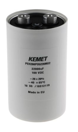 KEMET Condensador Electrolítico Serie PEH200, 22000μF, ±20%, 100V Dc, Mont. Roscado, 66.6 (Dia.) X 106 Mm, 66.6 X 109.2