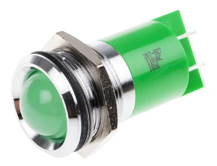 RS PRO Indicador LED, Verde, Lente Prominente, Marco Cromo, Ø Montaje 22mm, 110V Ac, 6mA, 95mcd