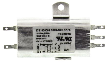 Roxburgh EMC RX730 Entstörfilter, 250 V Ac, 2.5A, Gehäusemontage, Flachstecker, 1-phasig 0,24 MA / 60Hz
