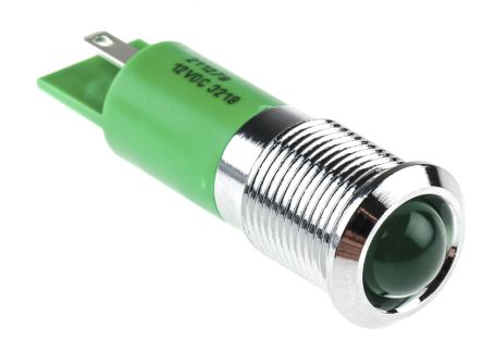 RS PRO Indicador LED, Verde, Lente Prominente, Marco Cromo, Ø Montaje 14mm, 12V Dc, 20mA, 40mcd