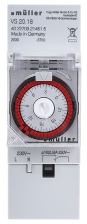 Muller Müller Analog DIN-Schienen-Zeitschaltuhr, Minuten, 230 Vac, 1-Kanal, 48 Speicherplätze