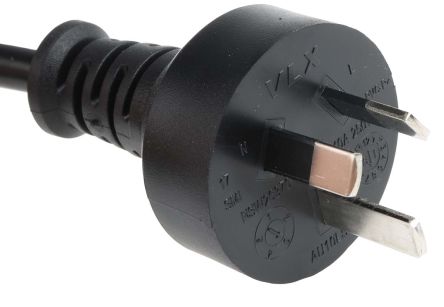 RS PRO Cable De Alimentación Negro De 2.5m, Con. A Sin Terminación, Con. B Conector Macho Australiano Tipo I, Macho,