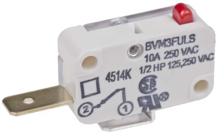Saia-Burgess Plunger Micro Switch, Tab Terminal, 10 A @ 250 V Ac, SPST-NC, IP40
