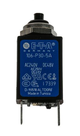 ETA 106-P30 Thermischer Überlastschalter / Thermischer Geräteschutzschalter, 1-polig, 5A, 250V 19 X 11 X 8.8mm,