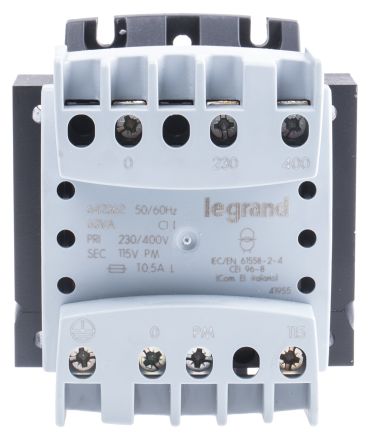 Legrand 导轨式变压器, 初级:230 → 400V, 次级:115V, 63VA, 底盘