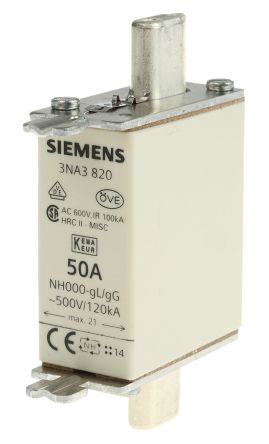 Siemens NH-Sicherung NH000, 500V Ac / 50A, GG CSA 22.2, IEC EN 60269, VDE 0636