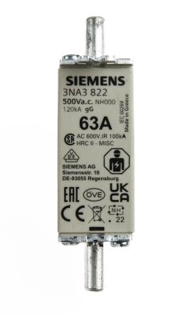 Siemens Fusible NH De Cuchillas Centradas 3NA3, NH000, GG, 500V Ac, 63A, CSA 22.2, IEC EN 60269, VDE 0636