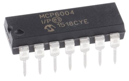 Microchip Amplificador Operacional MCP6004-I/P, 3 V, 5 V 1MHZ PDIP, 14 Pines, Entrada / Salida Rail-to-Rail