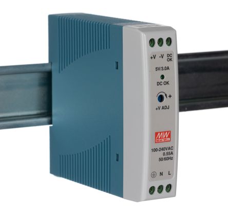 MEAN WELL MDR Switched Mode DIN Rail Power Supply, 85 → 264V Ac Ac Input, 5V Dc Dc Output, 3A Output, 20W