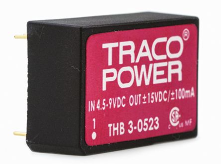 TRACOPOWER THB 3 DC-DC Converter, ±15V Dc/ ±100mA Output, 4.5 → 9 V Dc Input, 3W, Through Hole, +85°C Max Temp
