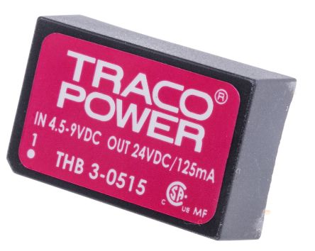 TRACOPOWER THB 3 DC-DC Converter, 24V Dc/ 125mA Output, 4.5 → 9 V Dc Input, 3W, Through Hole, +85°C Max Temp