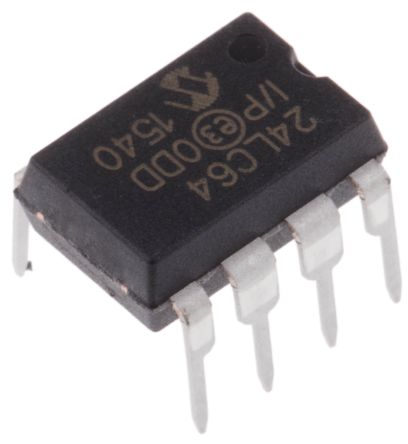 Microchip AEC-Q100 Memoria EEPROM Serie 24LC64-I/P, 64kbit, 8k X, 8bit, Serie I2C, 900ns, 8 Pines PDIP