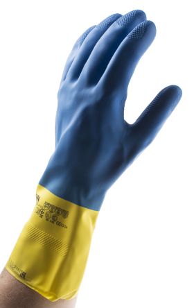 Mapa Spontex 405 Duomix Blue Latex Chemical Resistant Work Gloves, Size 9.5, Large, Latex, Neoprene Coating