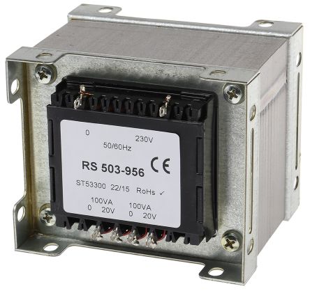 RS PRO 隔离变压器, 200VA, 230V 交流输入, 20V 交流输出