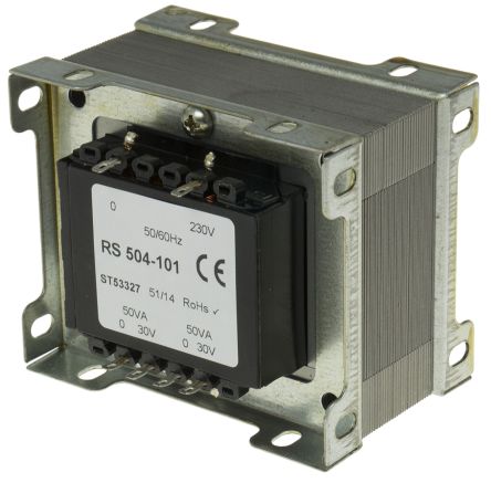 RS PRO 隔离变压器, 100VA, 230V 交流输入, 30V 交流输出
